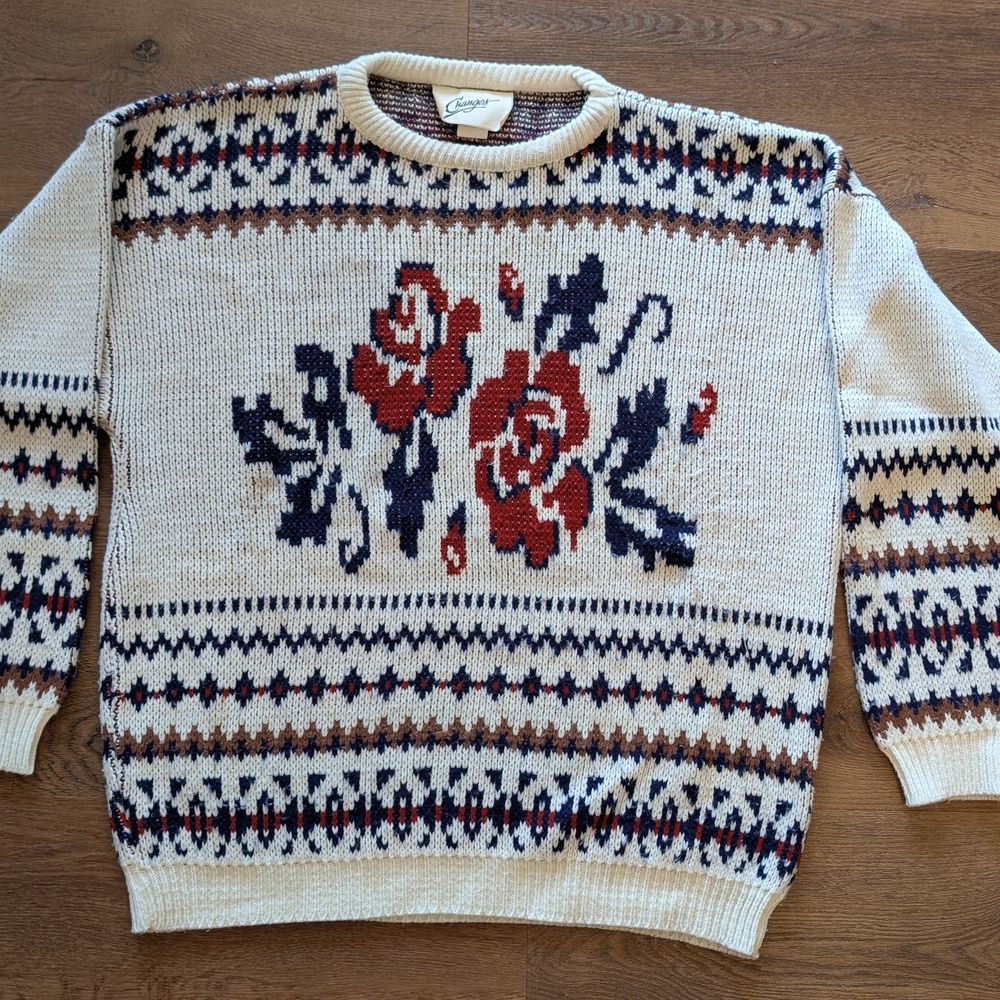 Vintage Cream and Red Crewneck Sweater with Nordic Pattern